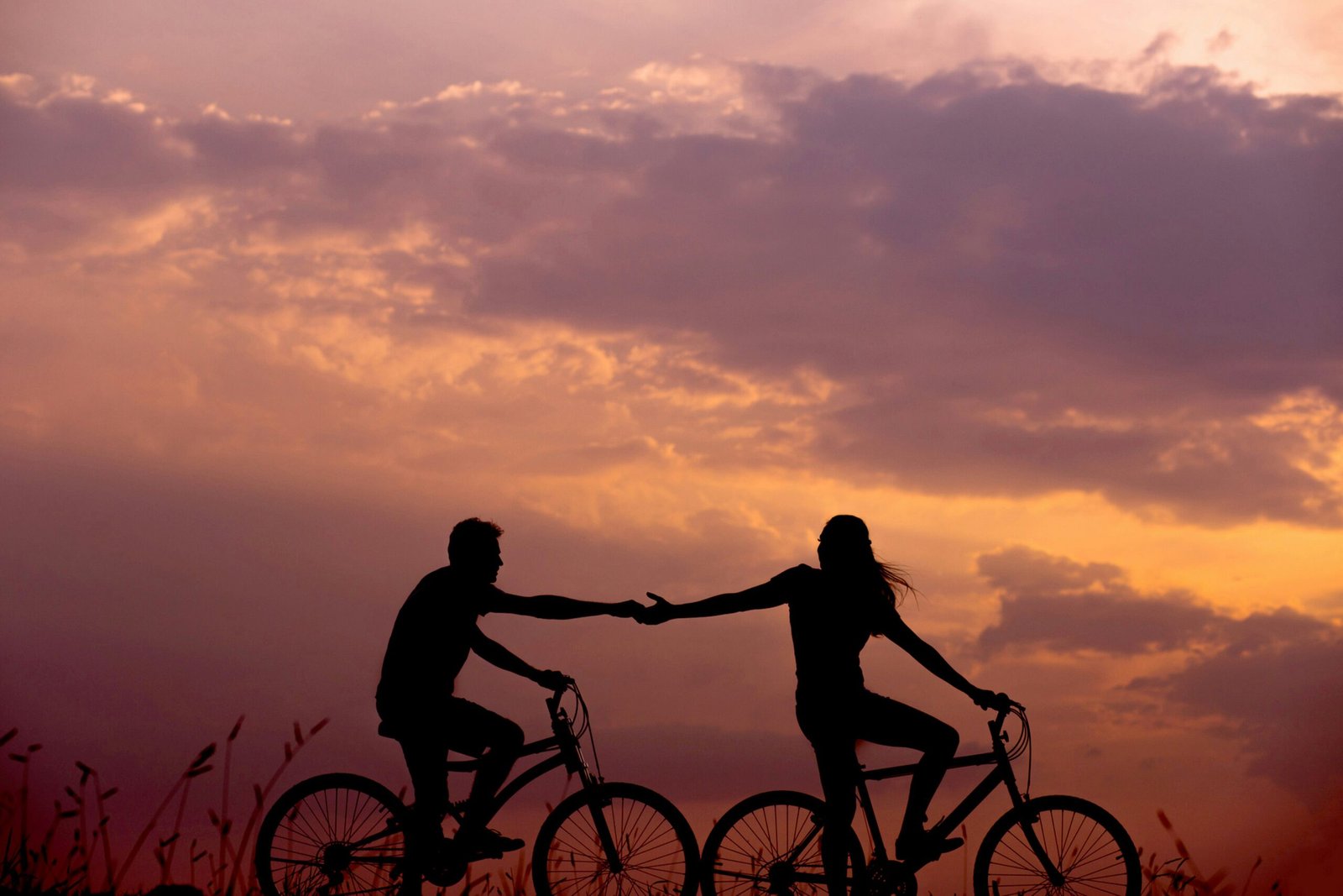 woman on bike reaching for mans hand behind her also on bike